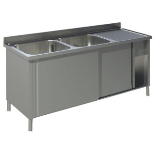 KBS Spülschrank 2 Becken links mit Schiebetüren und Aufkantung 1400x700x850 mm
