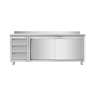 Arbeitsschrank mit Schiebetüren und Schubladenblock links, mit Aufkantung, 2000 X 700 mm