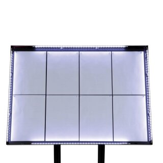 Menükartenhalter mit weissen LEDs aus schwarzem Stahl Securit 8xA4 mit Pfosten und Sockel.