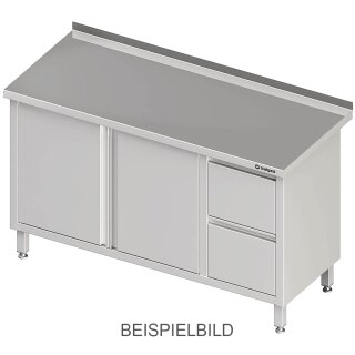 Arbeitsschrank mit Flügeltüren, 1200x700x850 mm, mit 2er Schubladenblock links, mit Aufkantung, verschweißt