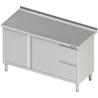 Arbeitsschrank mit Flügeltüren, 1500x600x850 mm, mit 2er Schubladenblock rechts, mit Aufkantung, verschweißt