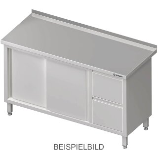 Arbeitsschrank mit Schiebetüren, 1800x600x850 mm, mit 2er Schubladenblock links, mit Aufkantung, verschweißt