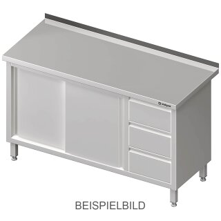 Arbeitsschrank mit Schiebetüren, 1700x600x850 mm, mit 3er Schubladenblock links, mit Aufkantung, verschweißt