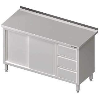 Arbeitsschrank mit Schiebetüren, 1300x600x850 mm, mit 3er Schubladenblock rechts, mit Aufkantung, verschweißt