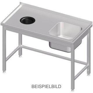 Spültisch ohne Grundboden, mit Abfallloch, 1400x600x850 mm, mit einem Becken links, mit Aufkantung, verschweißt