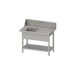 Zulauftisch "PRO", Korbführung mit Gefälle, mit Grundboden, mit einem Becken, 1400x750x880 mm, Anbauseite rechts, mit Aufkantung 200 mm und Beckenblende, verschweißt