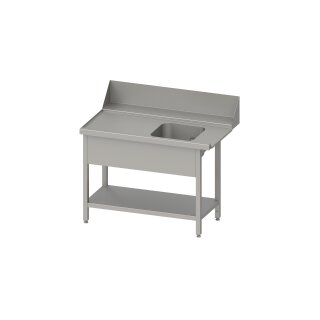 Zulauftisch "PRO", Korbführung mit Gefälle, mit Grundboden, mit einem Becken, 900x750x880 mm, Anbauseite links, mit Aufkantung 200 mm und Beckenblende, verschweißt