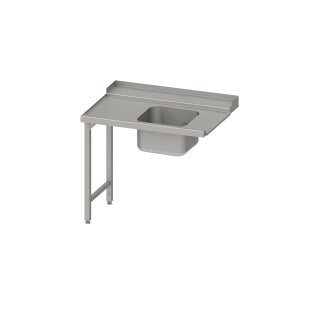 Zulauftisch, Korbführung mit Gefälle, auf zwei Beinen mit einem Becken  1300x750x880 mm, Anbauseite links, mit Aufkantung, verschweißt