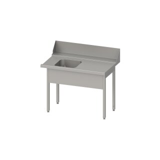 Zulauftisch "PRO", Korbführung mit Gefälle, ohne Grundboden, mit einem Becken, 1400x750x880 mm, Anbauseite rechts, mit Aufkantung 200 mm und Beckenblende, verschweißt