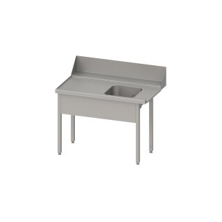 Zulauftisch "PRO", Korbführung mit Gefälle, ohne Grundboden, mit einem Becken, 800x750x880 mm, Anbauseite links, mit Aufkantung 200 mm und Beckenblende, verschweißt