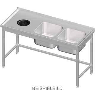 Spültisch ohne Grundboden, mit Abfallloch, 1700x600x850 mm, mit zwei Becken links, mit Aufkantung, verschweißt