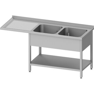Spültisch mit Grundboden, und Überstand, 1700x600x900 mm, mit zwei Becken rechts, mit Aufkantung, verschweißt