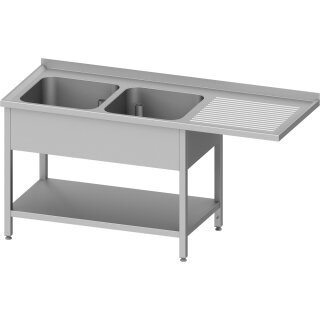 Spültisch mit Grundboden, und Überstand, 1600x600x900 mm, mit zwei Becken links, mit Aufkantung, verschweißt