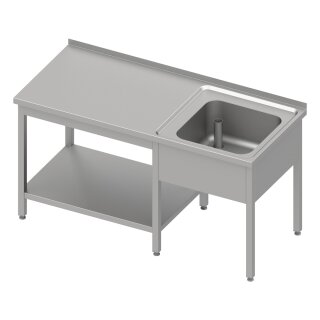 Cheftisch mit Grundboden unter der Arbeitsfläche, mit einem Becken rechts 1600x600x850 mm, mit Aufkantung, verschweißt