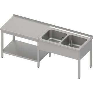 Cheftisch mit Grundboden unter der Arbeitsfläche, mit zwei Becken rechts 2300x700x850 mm, mit Aufkantung, verschweißt