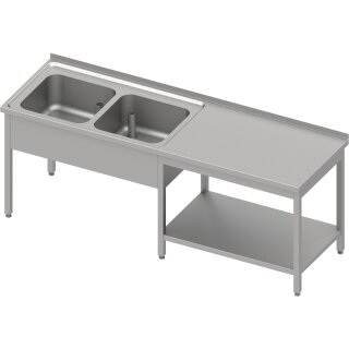 Cheftisch mit Grundboden unter der Arbeitsfläche, mit zwei Becken links 2200x700x850 mm, mit Aufkantung, verschweißt