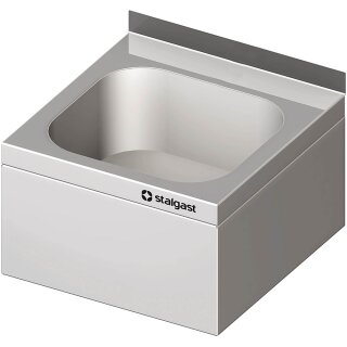 Handwaschbecken zur Wandmontage, 500x500x300 mm, mit dreiseitiger Beckenblende, mit Aufkantung, verschweißt