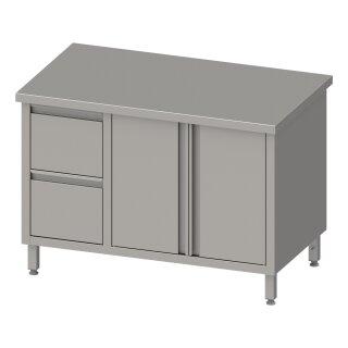 Arbeitsschrank mit Flügeltüren, 1700x600x850 mm, mit 2er Schubladenblock links, ohne Aufkantung, verschweißt