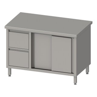 Arbeitsschrank mit Schiebetüren, 1500x600x850 mm, mit 2er Schubladenblock links, ohne Aufkantung, verschweißt