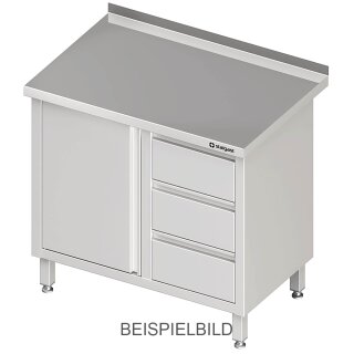 Arbeitsschrank mit Flügeltür, 1000x700x850 mm, mit 3er Schubladenblock links, ohne Aufkantung, verschweißt