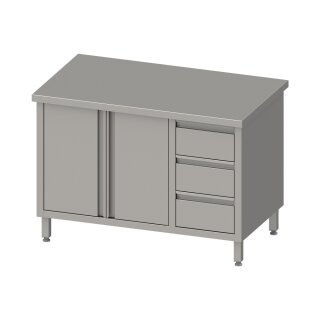 Arbeitsschrank mit Flügeltüren, 1600x600x850 mm, mit 3er Schubladenblock rechts, ohne Aufkantung, verschweißt