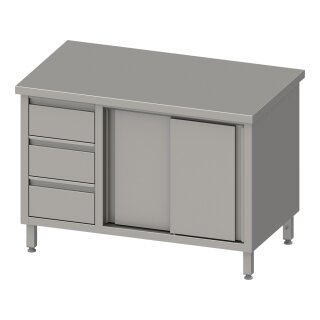 Arbeitsschrank mit Schiebetüren, 1600x600x850 mm, mit 3er Schubladenblock links, ohne Aufkantung, verschweißt