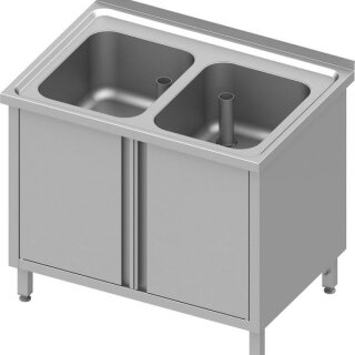 Spülschrank mit Flügeltüren 1000x600x850 mm, mit zwei Becken mit Aufkantung, verschweißt