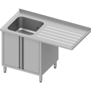 Spülschrank mit Flügeltüren und Überstand 1400x600x900 mm, mit einem Becken links, mit Aufkantung, verschweißt