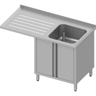 Spülschrank mit Flügeltüren und Überstand 1200x600x900 mm, mit einem Becken rechts, mit Aufkantung, verschweißt