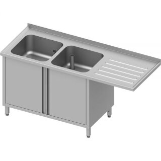 Spülschrank mit Flügeltüren und Überstand 1600x700x900 mm, mit zwei Becken links, mit Aufkantung, verschweißt