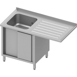 Spülschrank mit Schiebetüren und Überstand 1200x600x900 mm, mit einem Becken links, mit Aufkantung, verschweißt