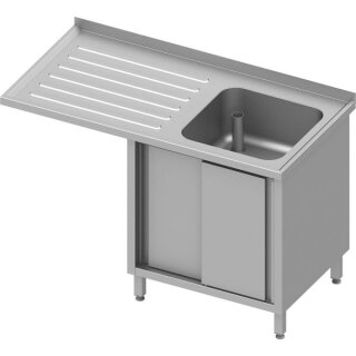Spülschrank mit Schiebetüren und Überstand 1300x700x900 mm, mit einem Becken rechts, mit Aufkantung, verschweißt