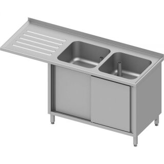 Spülschrank mit Schiebetüren und Überstand 1600x700x900 mm, mit zwei Becken rechts, mit Aufkantung, verschweißt