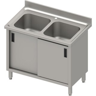 Spülschrank mit zwei Becken und Schiebetüren, mit Aufkantung, 1000 mm x 600 mm x 850 mm (BxTxH)