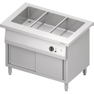 Bain-Marie-Station "Free Flow" mit einem Becken 3x GN1/1 und Schiebetüren, 1132x750x880 mm Edelstahlabdeckung