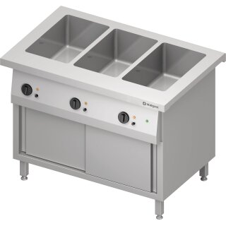 Bain-Marie-Station "Free Flow" 3x GN1/1-Becken, mit Schiebetüren, 1132x750x880 mm Edelstahlabdeckung