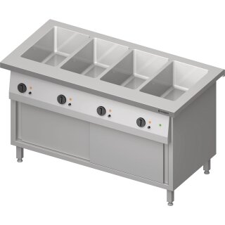 Bain-Marie-Station "Free Flow" 4x GN1/1-Becken, mit Schiebetüren, 1465x750x880 mm Edelstahlabdeckung