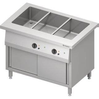 Bain-Marie-Station "Free Flow" mit einem Becken 3x GN1/1, Wärmeschrank und Schiebetüren, 1132x750x880 mm Edelstahlabdeckung