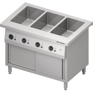 Bain-Marie-Station "Free Flow" 3x GN1/1-Becken, mit Wärmeschrank und Schiebetüren, 1132x750x880 mm Edelstahlabdeckung
