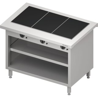 Warmausgabe "Free Flow" mit 3 Wärmeplatten aus Glaskeramik und offenem Unterschrank 1132x750x880 mm, Edelstahlabdeckung