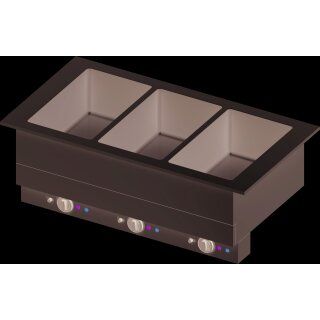 Bain-Marie "Drop-In" 3x GN1/1 Einzelbecken 1155x620x390 mm, Edelstahlabdeckung