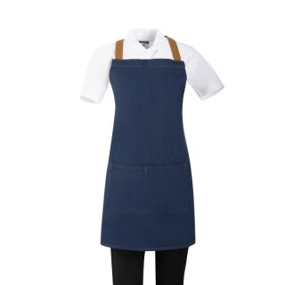 Southside Schürze in kurzer Länge mit X-Rücken Denim Blau mit Tan-Trägern