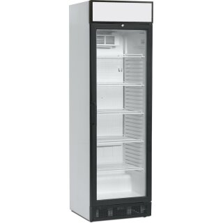 Gastro Getränkekühlschrank mit Umluft - 1 Glastür, 372 Liter, schwarz/weiß