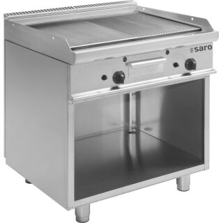 Gas-Griddleplatte mit offenem Unterbau und  1/2 glatt und 1/2 gerillt Fläche