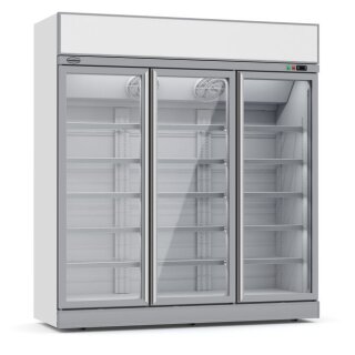 Gastro Kühlschrank mit Werbetafel und 3 Glastüren 1530 Liter Umluftkühlung