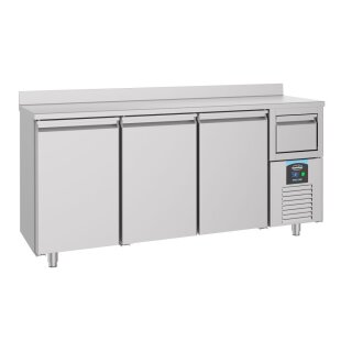 Edelstahl-Kühltheke mit Kaffeeschublade – 3 Türen, 105 cm hoch, für 3x 1/1 GN