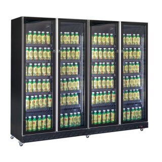 Gastro-Kühlschrank 1608 Liter mit 4 Glastüren - Umluft, fahrbar, Schwarz