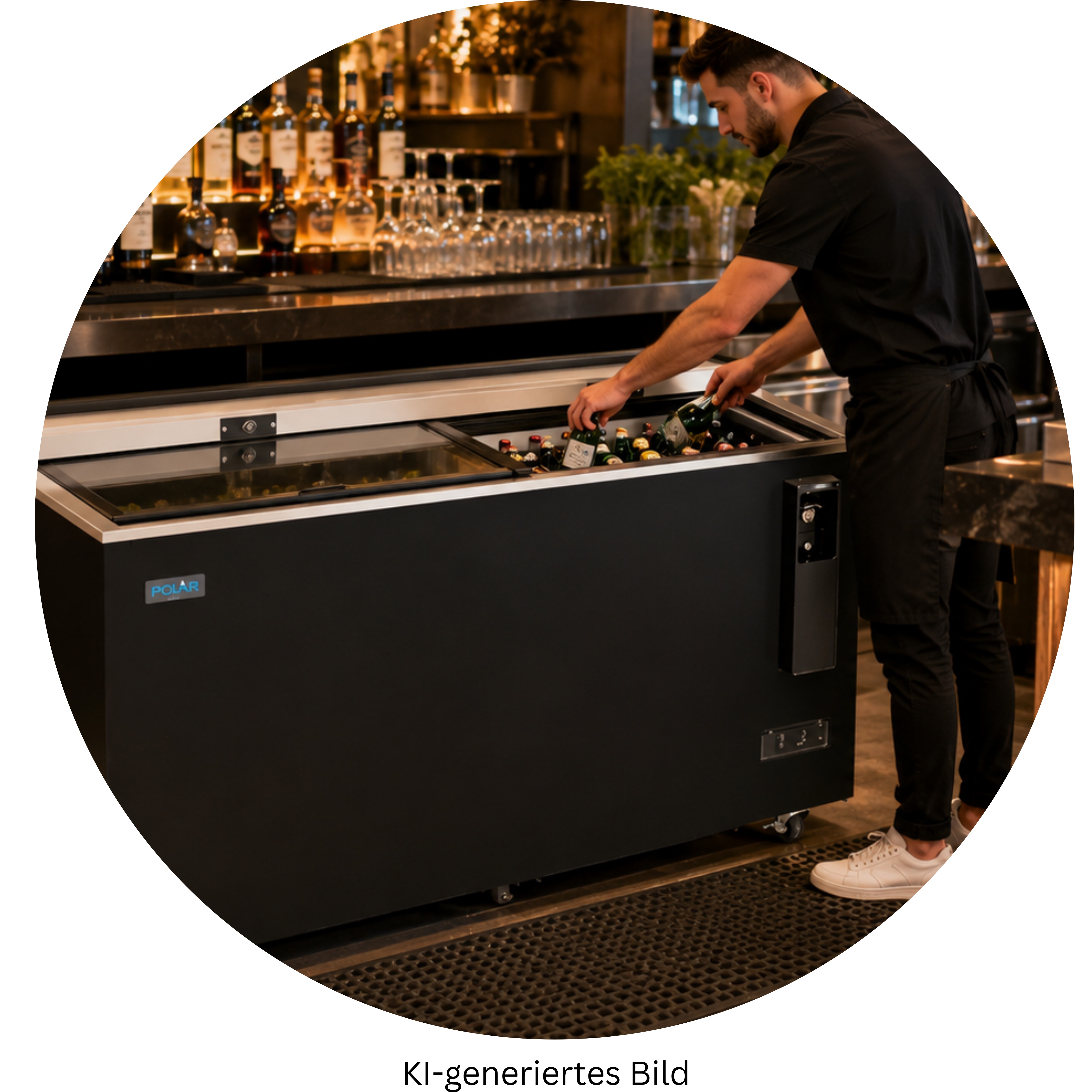 Professionelle Flaschenkühltruhe mit Getränken im Einsatz hinter einer Bar